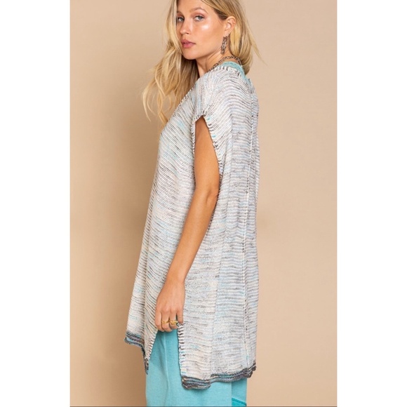 POL Ivory & Blue Multi V Neck Button Front Cap Sleeve Long Cardigan - Picture 4 of 8